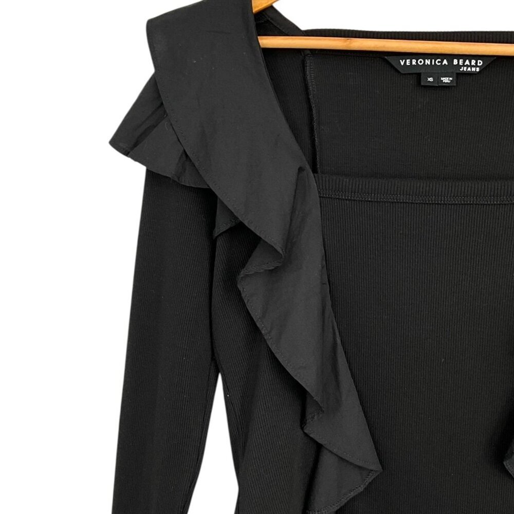Veronica Beard Gidea Ruffled Top Black Square Neck Ribbed Long Sleeve Size XS - Picture 3 of 8